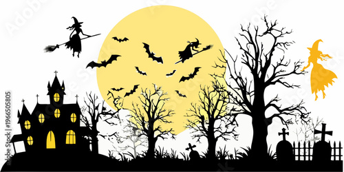 A spooky halloween scene with a full moon witches and a haunted castle