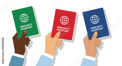 Diverse hands holding immunity passports isometric vector illustration for international travel and health security