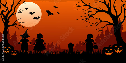 Silhouetted children trick or treating under a full moon on halloween night