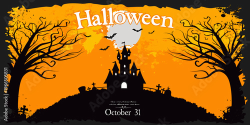 Spooky halloween scene with a castle bats and silhouetted trees