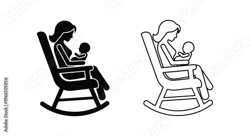 Mother nursing baby in rocking chair depicted in contrasting styles silhouette