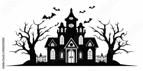 A spooky black silhouette of a haunted house with bats and trees