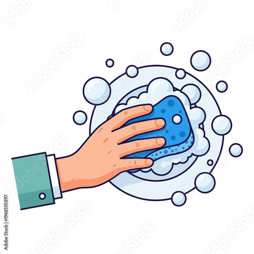 Hand washing a plate with a blue sponge and soap bubbles, cartoon style.