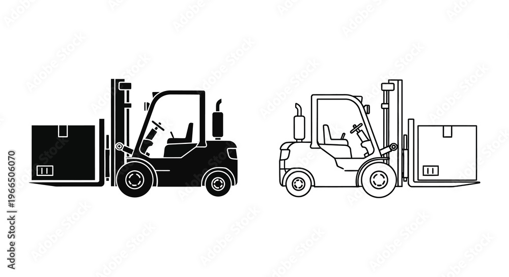Fototapeta premium Two forklift trucks one solid black and one outlined a graphic silhouette
