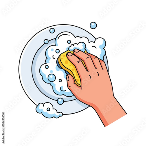 Hand washing a plate with a sponge and soap suds, cleaning dishes, domestic chores