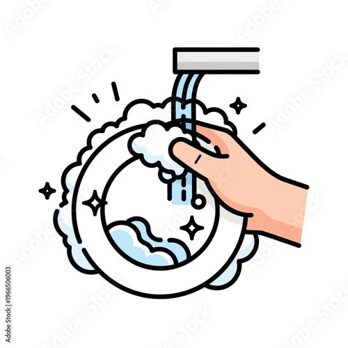 Hand washing a plate with soap bubbles and running water, clean dishes concept