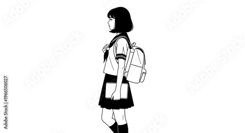 Black and White Illustration of a Schoolgirl with Backpack.
