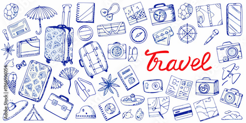 Hand drawn travel doodles featuring suitcases cameras and tropical elements