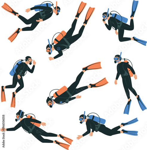 Scuba diving characters illustration, divers in various poses, underwater gear wetsuit fins tank, marine sport vector set, ocean adventure design