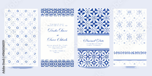 Four decorative panels featuring traditional blue and white tile patterns