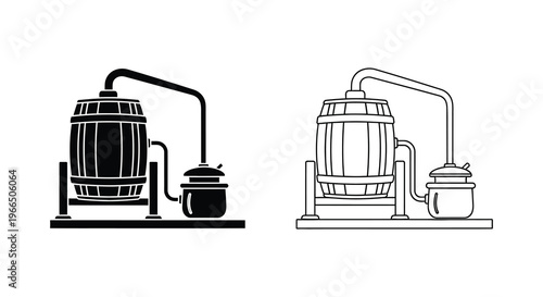 Two black and white illustrations of a classic moonshine still silhouette
