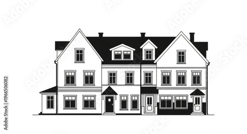 Black and White Illustration of a Traditional European Building Facade.