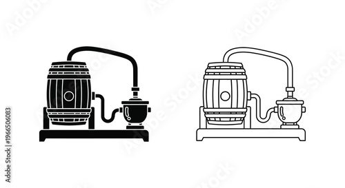 Vintage distillery equipment illustration with a barrel and alembic black silhouette