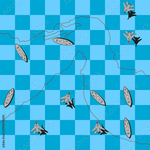 Strait of Hormuz Military Strategy Concept Vector Illustration with Warships and Fighter Jets on Chessboard Map.