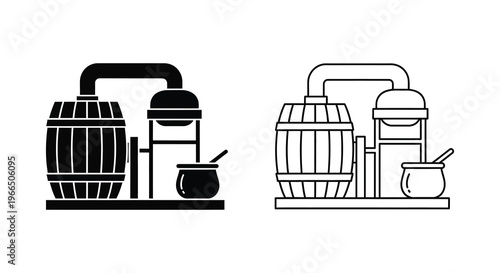 Two depictions of a traditional moonshine still one solid and one outlined silhouette