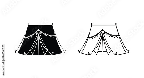 Two tent designs one solid and one outlined in a minimalist style silhouette