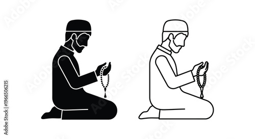 Two kneeling men in prayer depicted in a stark black silhouette