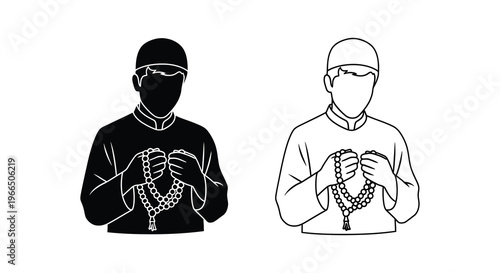 Two figures praying with prayer beads a striking black silhouette