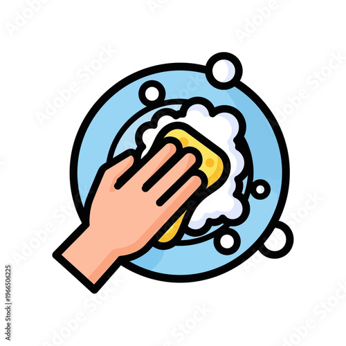 Hand Washing Dishes with Sponge and Suds, Kitchen Cleaning Icon