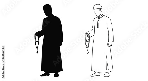Two men in traditional robes with prayer beads contrasting forms silhouette