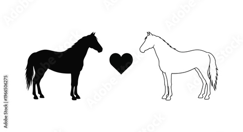 Two horses facing each other with a heart between them a striking silhouette