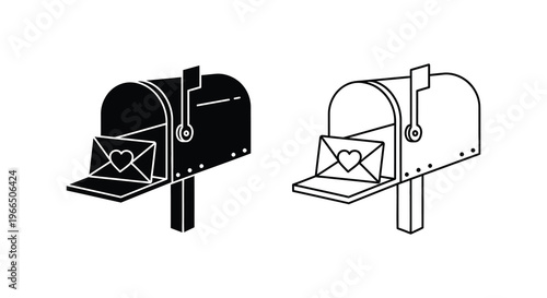 Two black mailbox illustrations with love letters a striking silhouette
