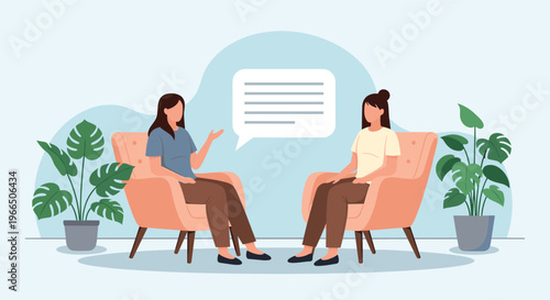 Psychotherapy session flat vector illustration with therapist and patient talking in office chairs