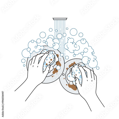 Hands washing dirty dishes with soap bubbles under running water, kitchen hygiene