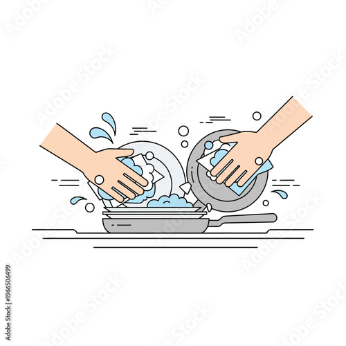 Hands washing dishes and frying pan with soap bubbles and water splashes, illustration