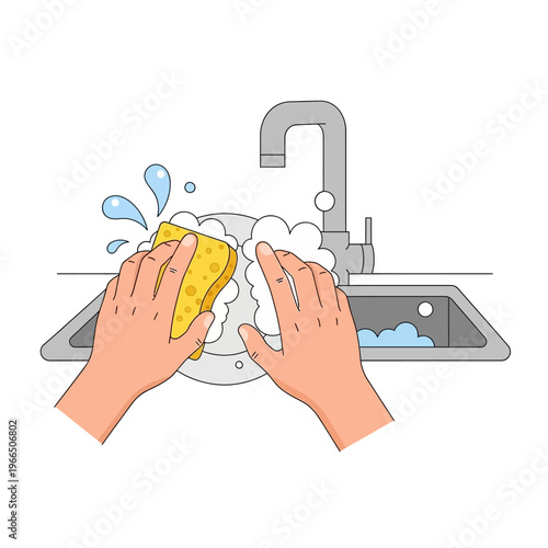 Hands washing dishes in kitchen sink with sponge and soap suds, clean hygiene concept