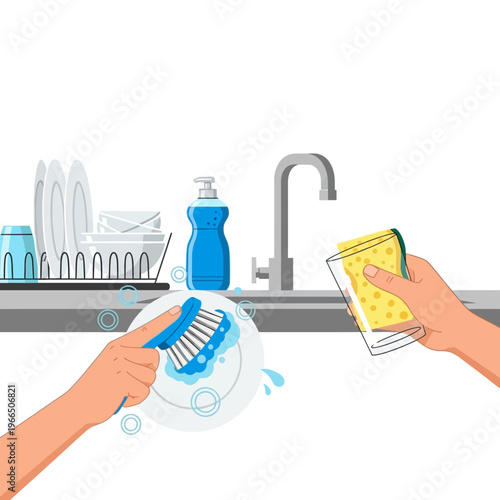 Hands Washing Dishes in Kitchen Sink with Soap and Sponge