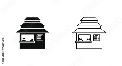 Two ticket booths depicted in contrasting styles a bold black silhouette