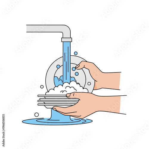 Hands washing dishes under running water with soap bubbles, hygiene concept