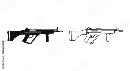 Two perspectives of an automatic weapon presented as a striking silhouette