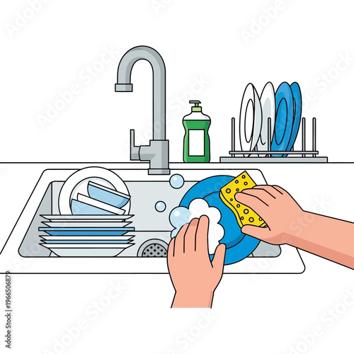 Hands washing dishes in kitchen sink with sponge and soap, clean plates and bowls