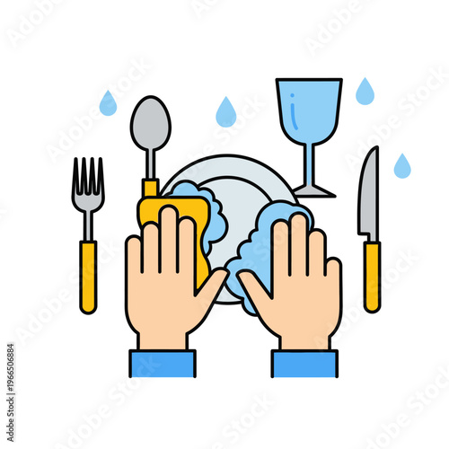 Hands Washing Dishes with Sponge and Bubbles, Clean Kitchenware, Water Drops