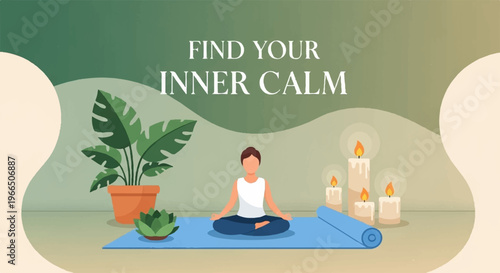 Woman meditating on blue yoga mat with candles and plants finding inner calm and serenity in a peaceful environment