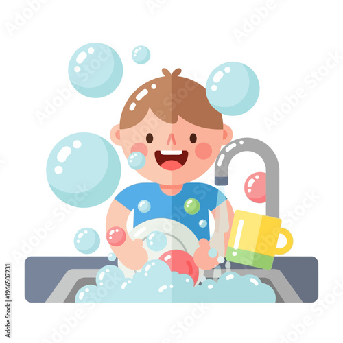 Happy boy washing dishes in kitchen sink with soap bubbles and running water