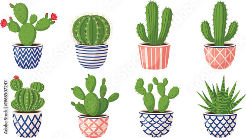 Cactus Vector Set with Different Potted Succulent Plants, Decorative Pots and Desert Greenery for Home Decor, Gardening and Botanical Illustration Design