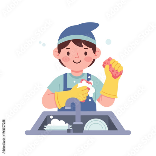 Happy Boy Washing Dishes in Kitchen Sink with Sponge and Bubbles