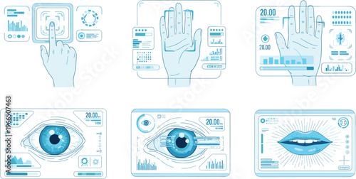 Biometric Authentication Vector Set with Fingerprint Scan, Eye Recognition and Digital Interface Panels for Cyber Security, Identity Verification and Technology Design