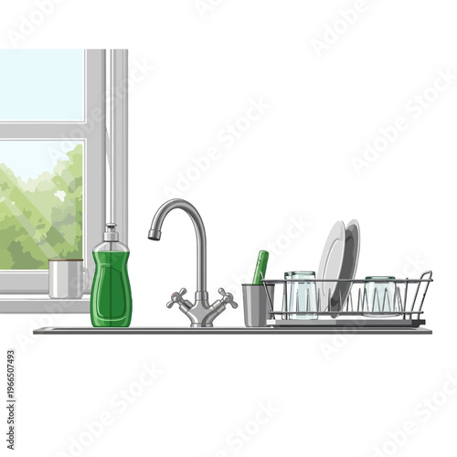 Kitchen sink with clean dishes drying in a rack, bottle of dish soap, and window view.