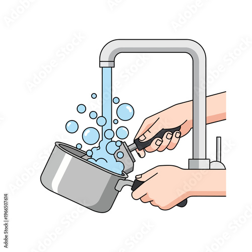 Washing Cooking Pot Under Running Water with Soap Bubbles