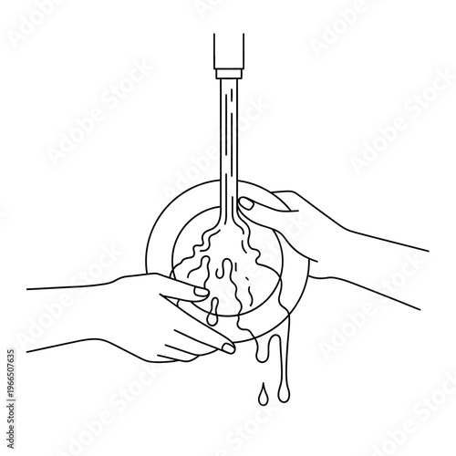 Washing Dishes Under Running Water, Minimalist Line Art