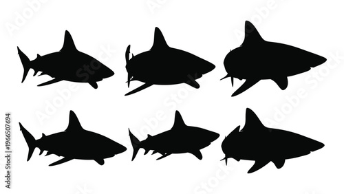 A collection of six black shark silhouettes in various poses against a stark white background silhouette high quality professional detailed modern