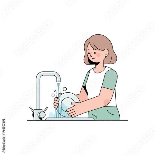 Woman washing dishes at kitchen sink, domestic chores, daily routine, illustration