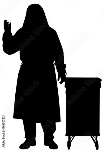 Black silhouette of a medical professional or healthcare worker standing next to a cart with one hand raised, isolated vector on white background
