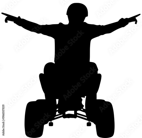 Black silhouette of a person riding an ATV with arms wide open and fingers pointing sideways