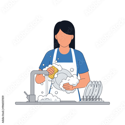 Woman washing dishes in kitchen sink with sponge and foam, domestic chores illustration