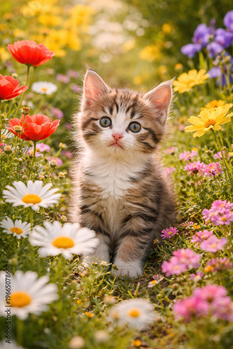 Cute Kitten Sitting in Colorful Flower Meadow